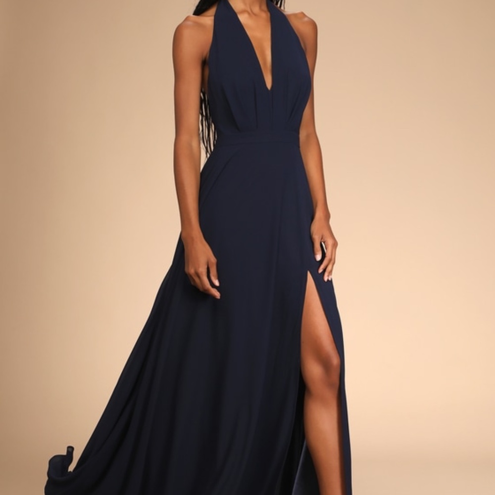 Lulus This Very Moment Navy Blue Halter Backless Maxi Dress - Size XS